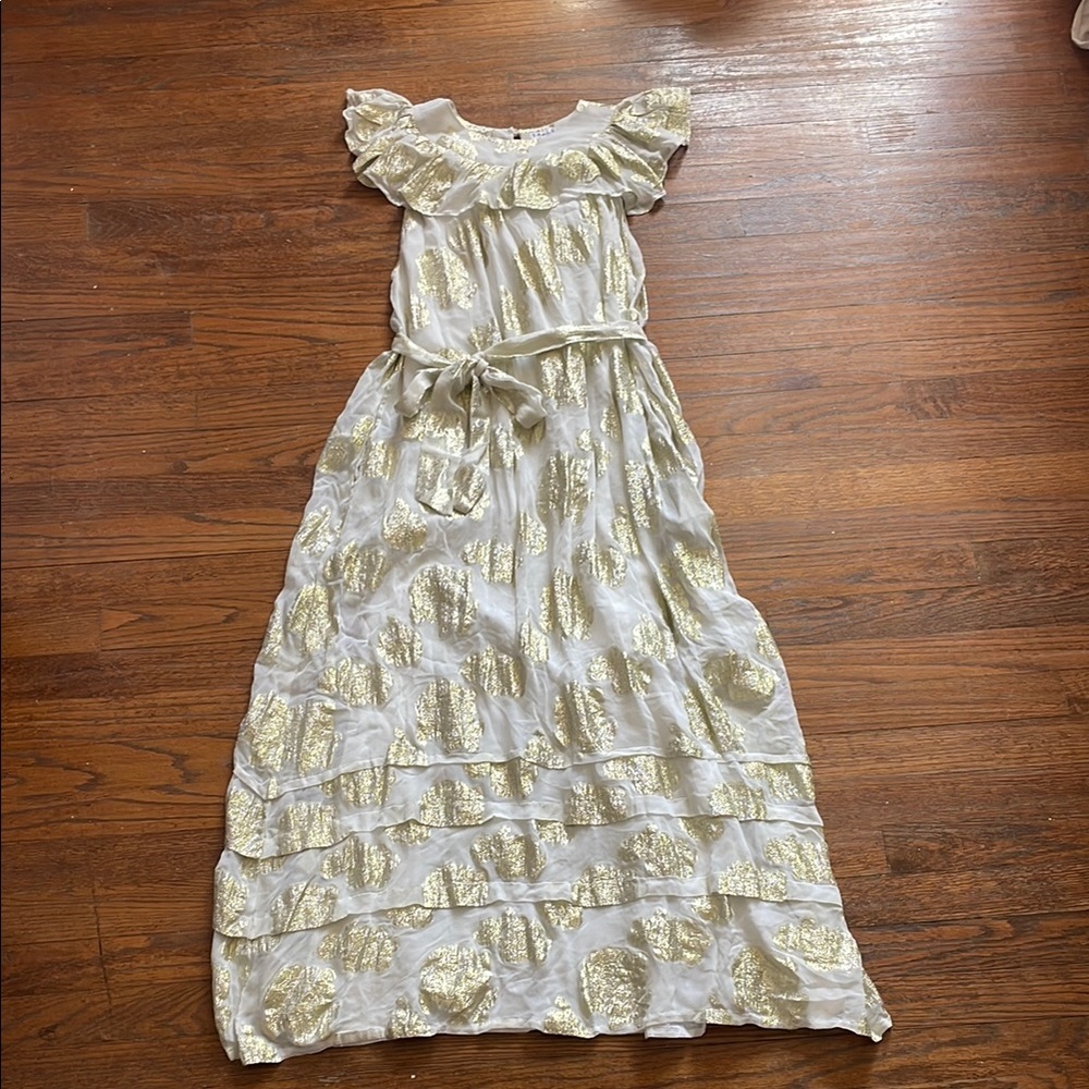 Saule Parc White and Gold Ruffle Maxi Dress